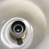 Pair of white tulip and brass pendant lamps