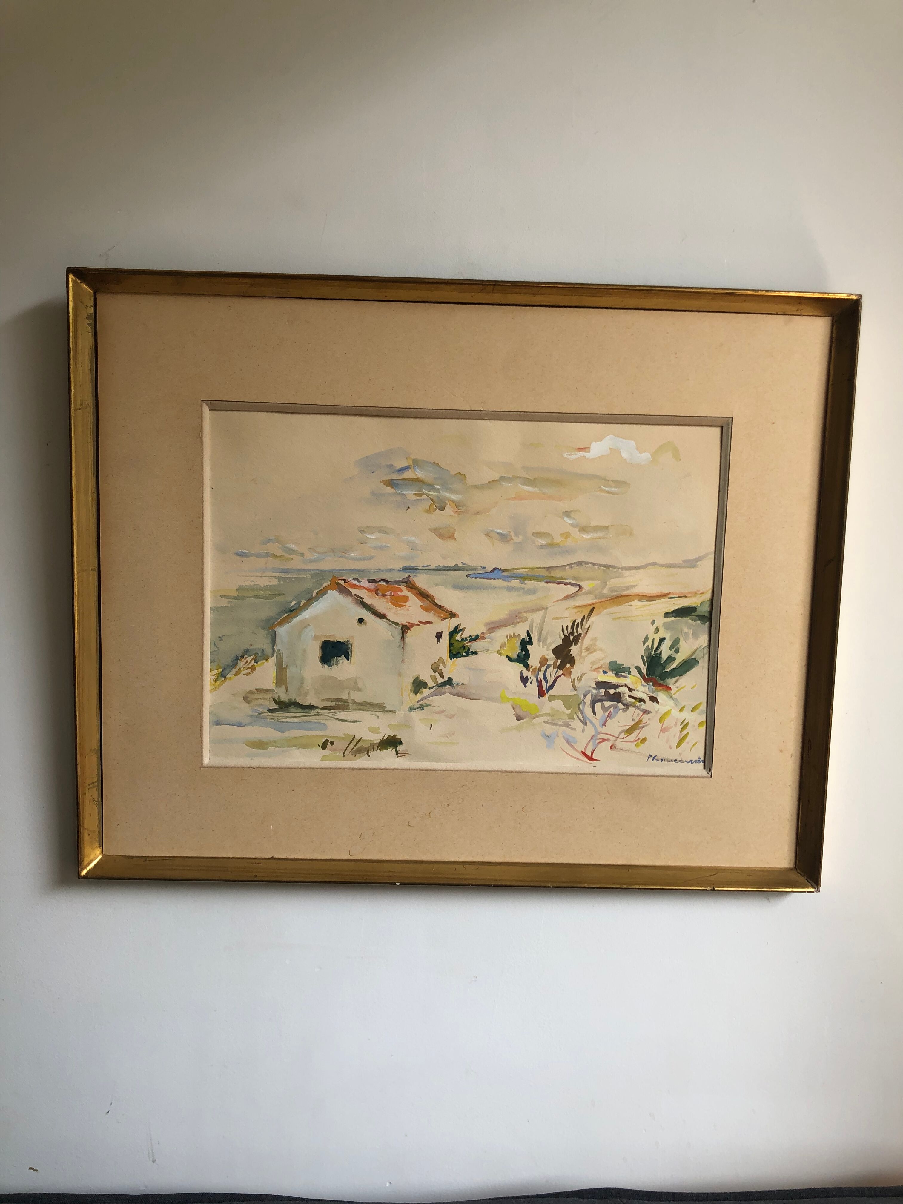 Framed watercolor seaside house