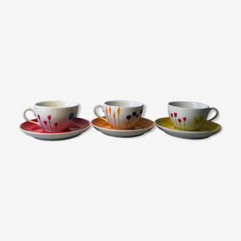 3 Pillivuyt France porcelain cups hand-painted