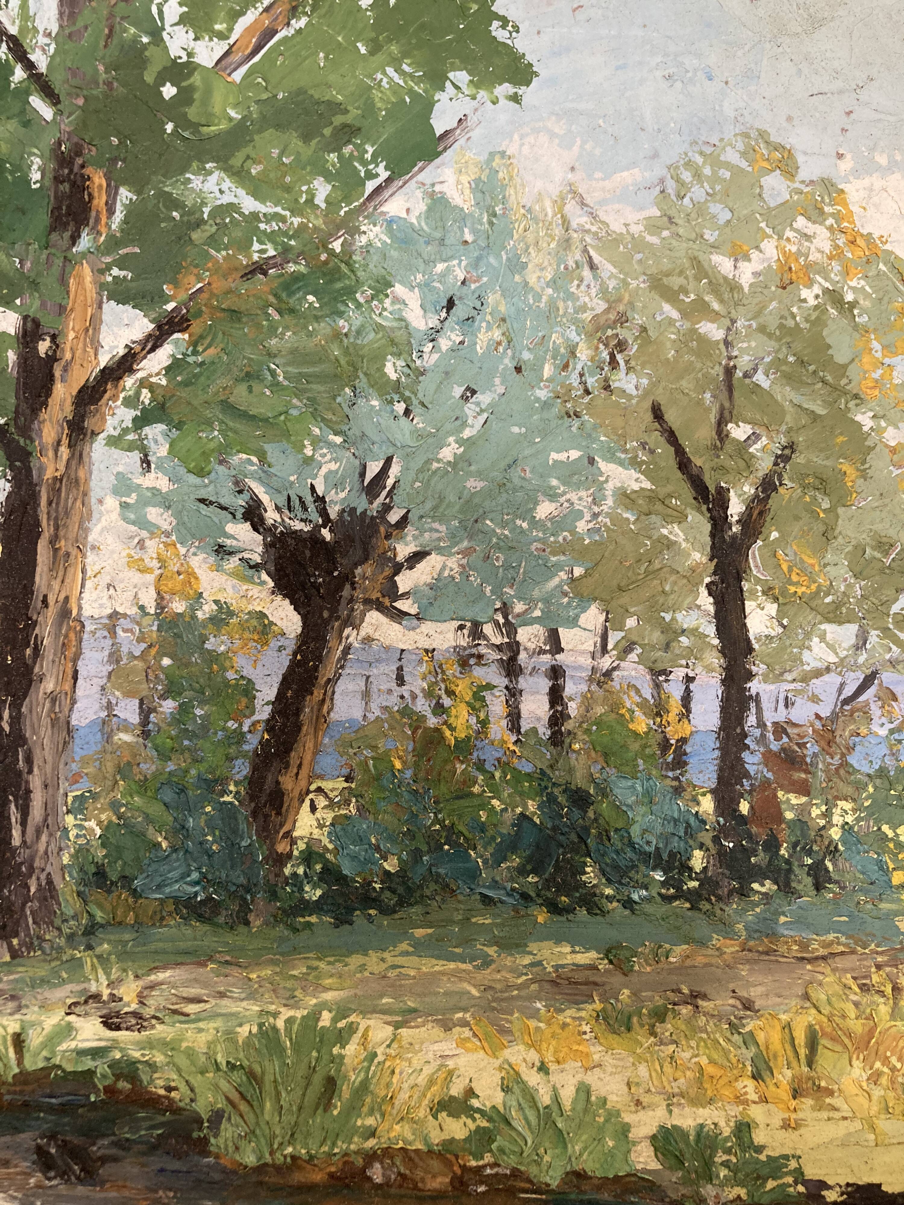 Oil on panel Landscape at the watercourse