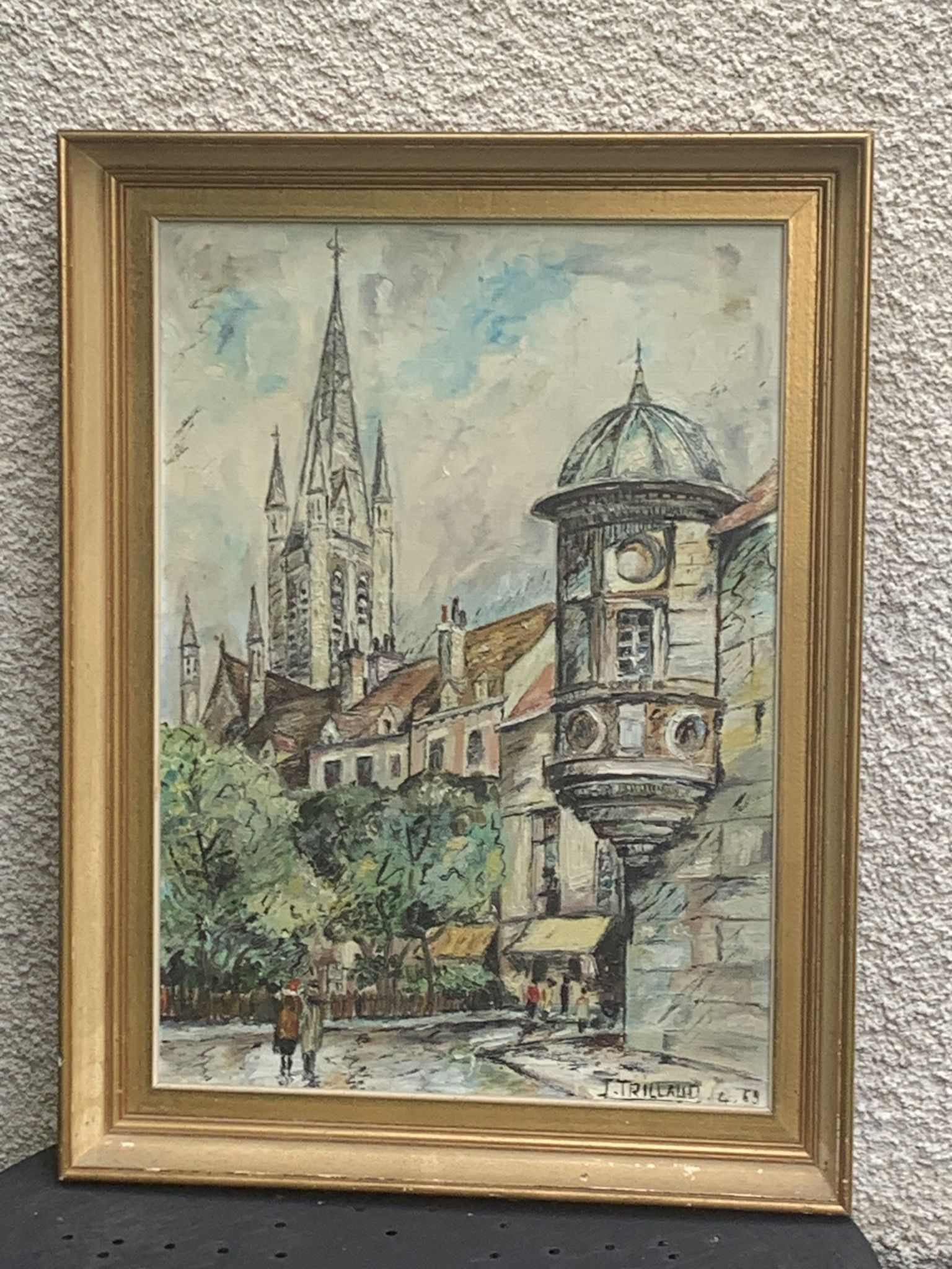 Painting signed J.Trillaut city scene framed vintage canvas 1969