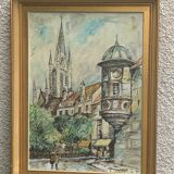 Painting signed J.Trillaut city scene framed vintage canvas 1969