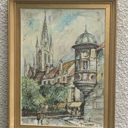Painting signed J.Trillaut city scene framed vintage canvas 1969
