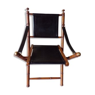 Folding armchair in leather and bamboo wood