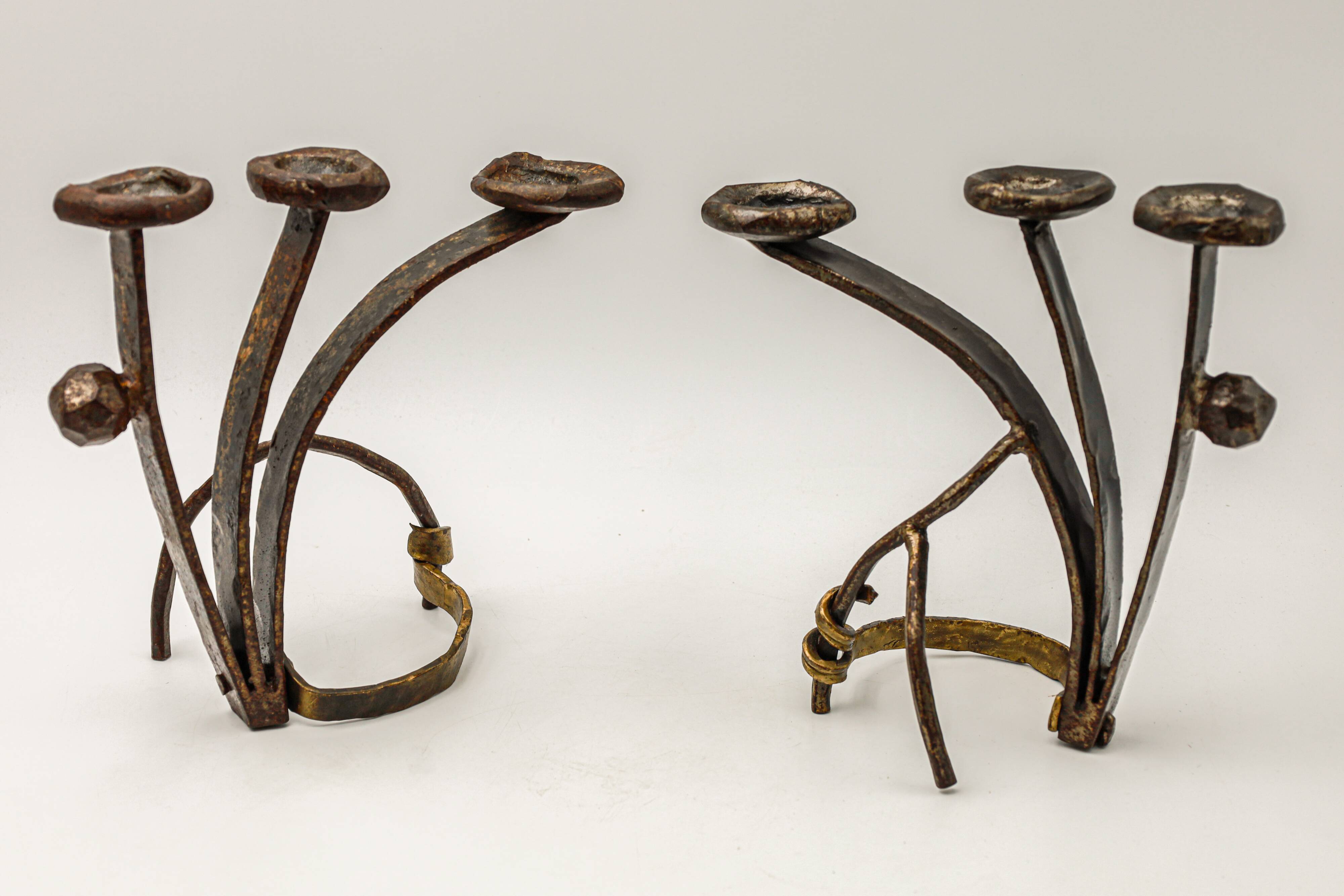 Pair of brutalist wrought iron candlesticks, French work