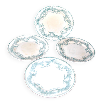 Faïencerie Onnaing lot de 4 assiettes Coppelia décor fleuri vert faïence terre de fer