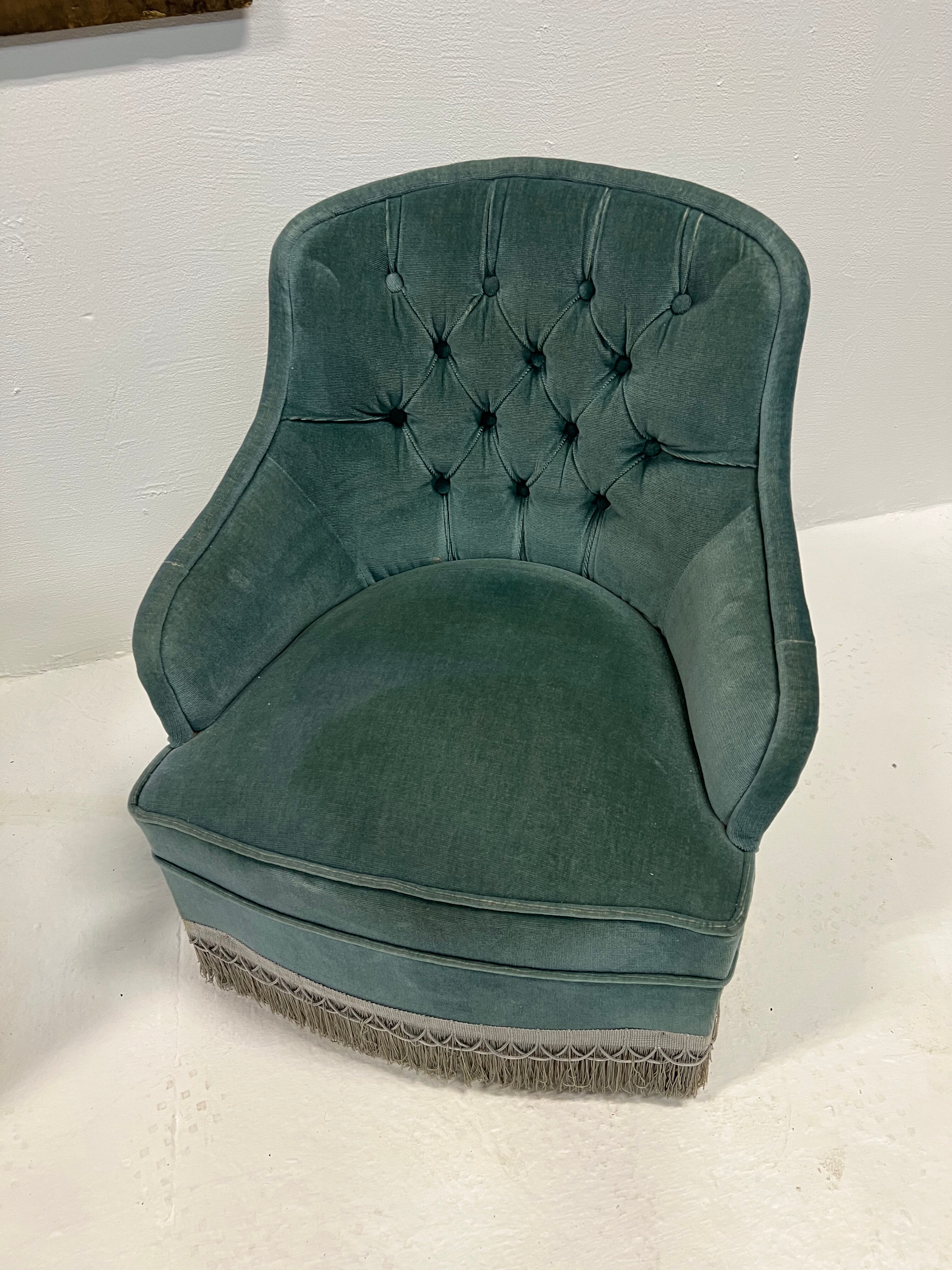 Duo of upholstered blue toad armchairs