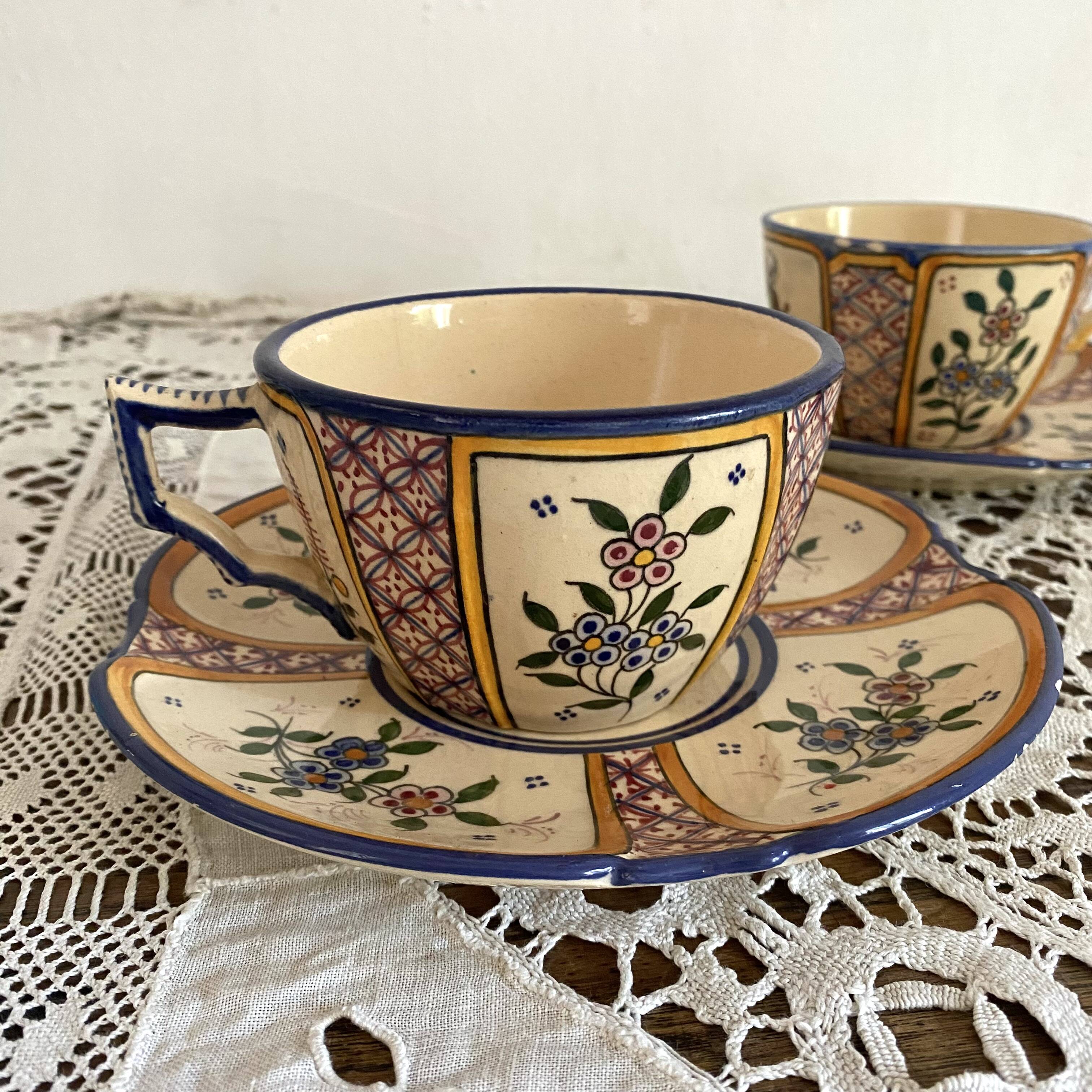 Antique Quimper Henriot earthenware cups and saucers | Selency