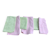 6 serviettes de table, dépareillées, rose et vert anis, monogrammes M ou CC