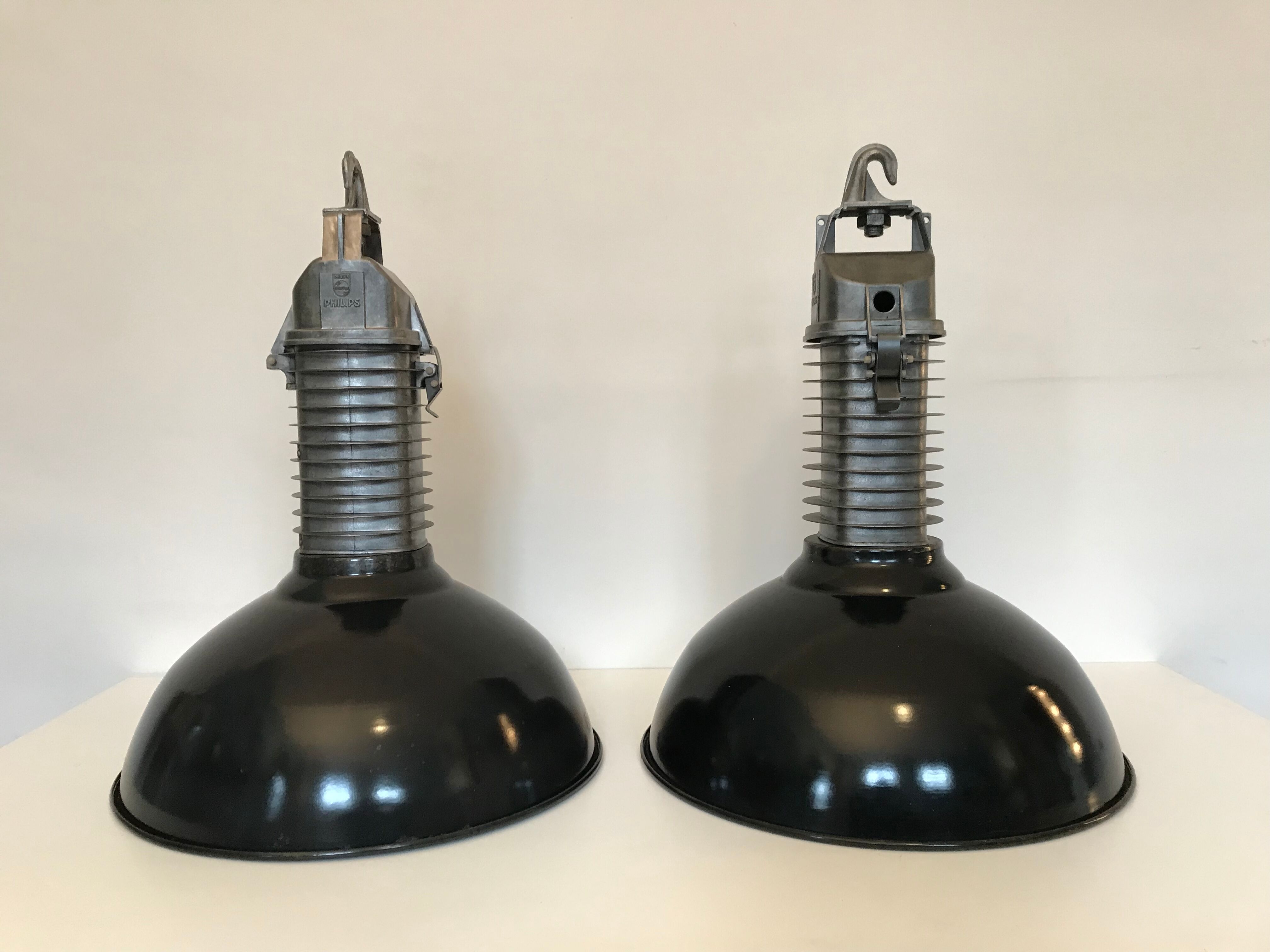 Pair of Philips lamps enamelled workshop pendant lamps