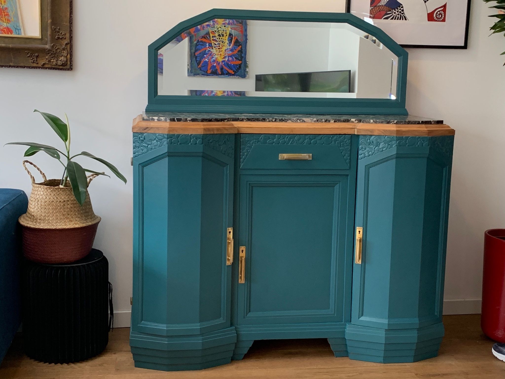 Art deco sideboard restyled blue green duck, marble top, brass handles, vintage shabby chic