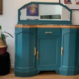 Buffet art deco relooké bleu vert canard, dessus marbre, poignées laiton, vintage shabby chic