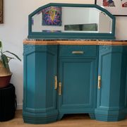 Art deco sideboard restyled blue green duck, marble top, brass handles, vintage shabby chic