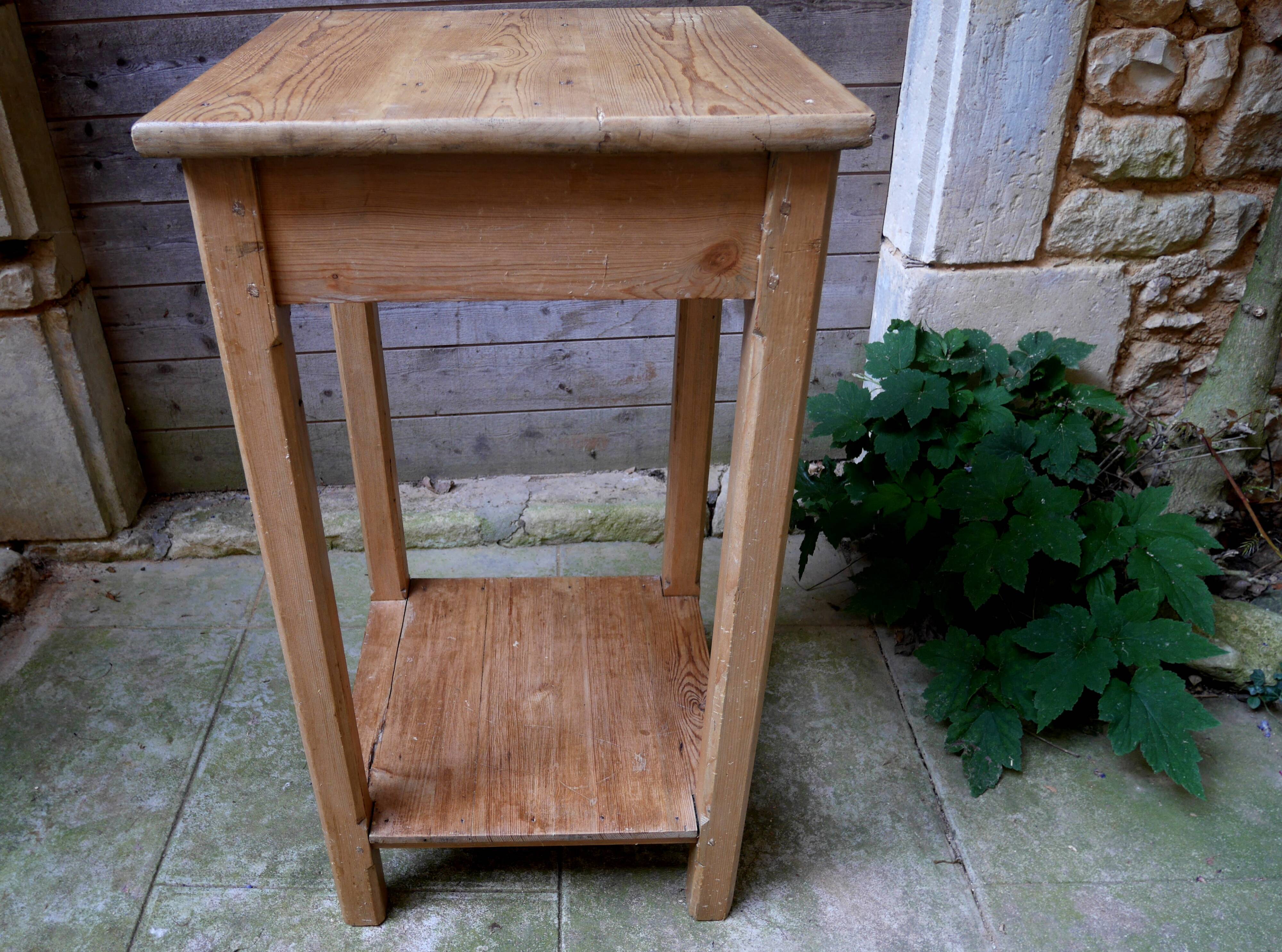antique tall fir wood side table, a piece of workshop furniture