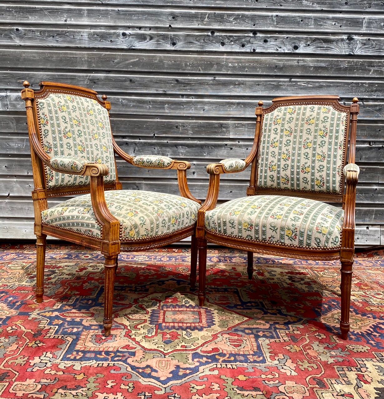 Pair of armchairs in natural wood louis xvi style xix century