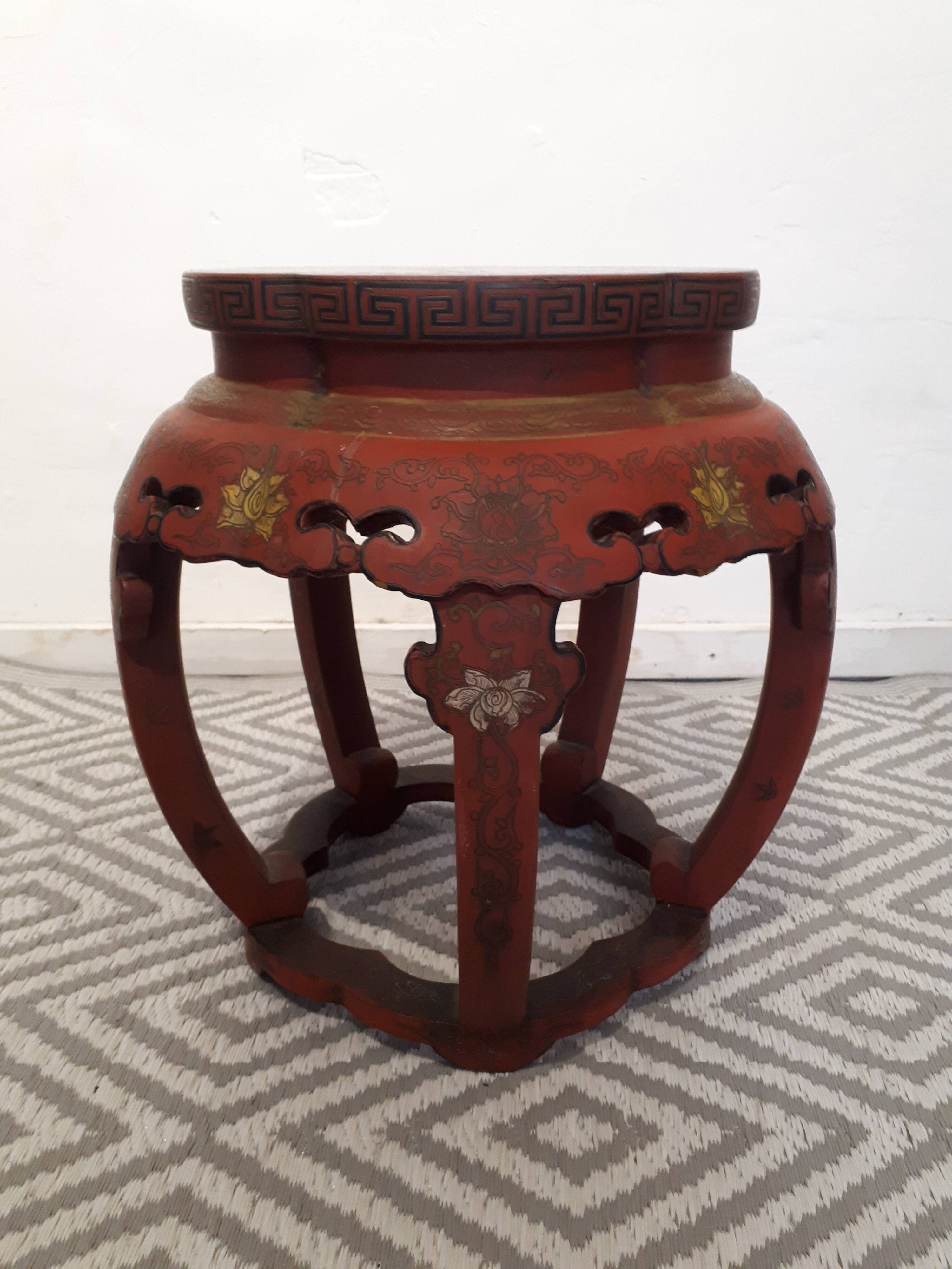 Stool Chinese pedestal table old red lacquer