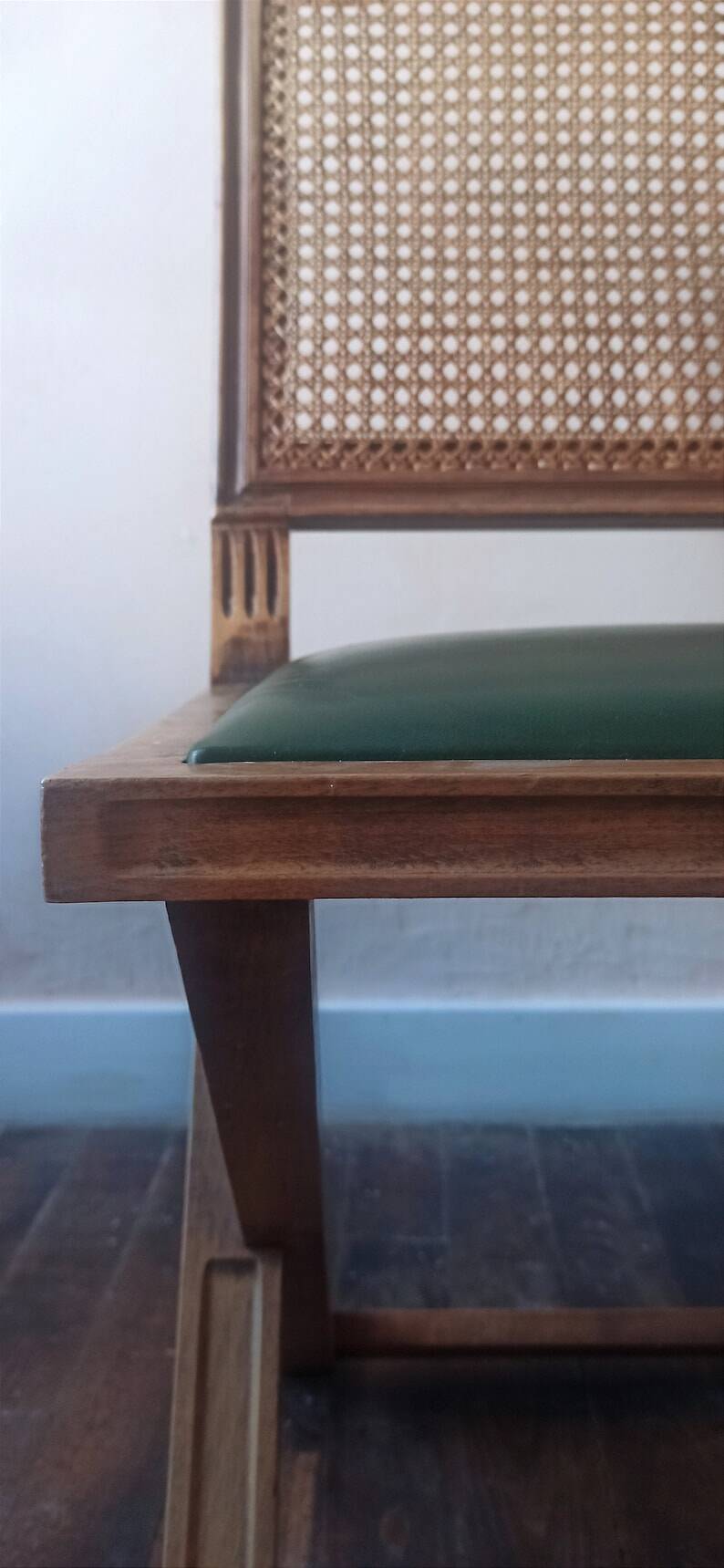 Set of 6 vintage French chairs in solid wood, canework and sky green