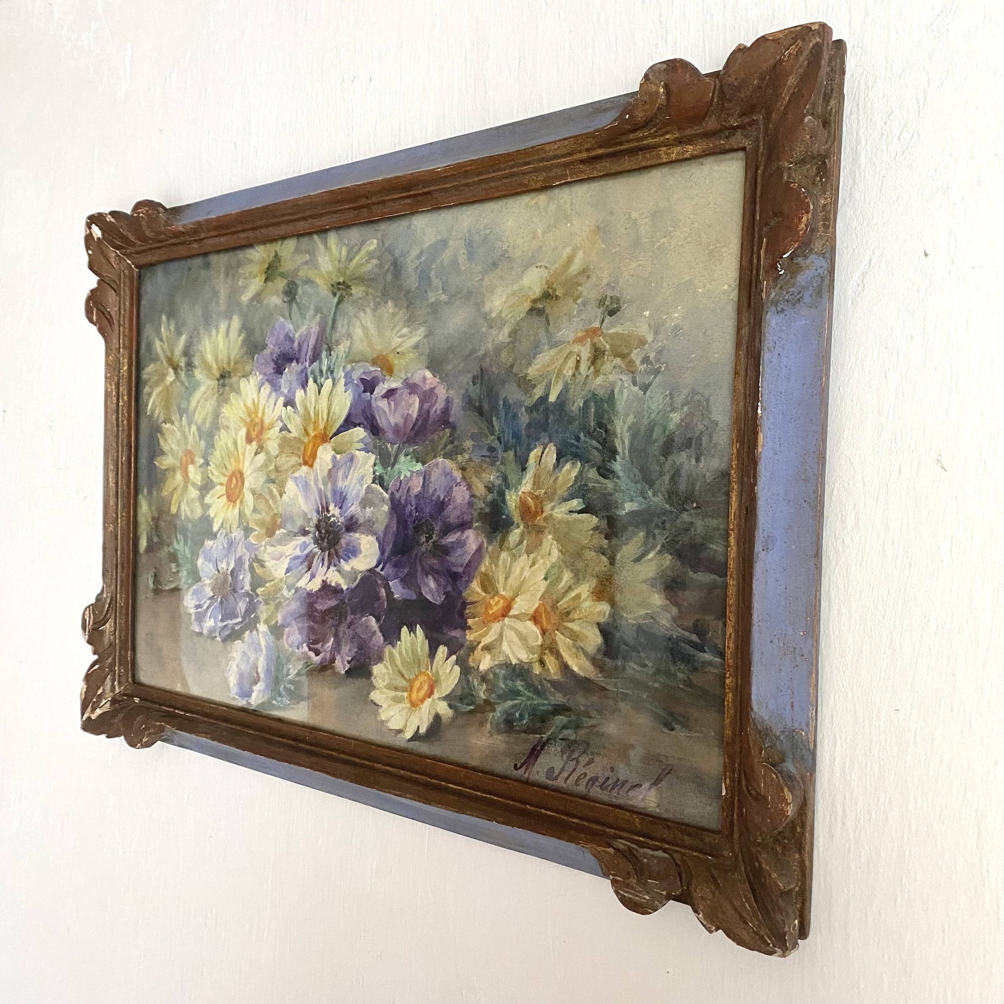 Framed old watercolor flowers M Réginal