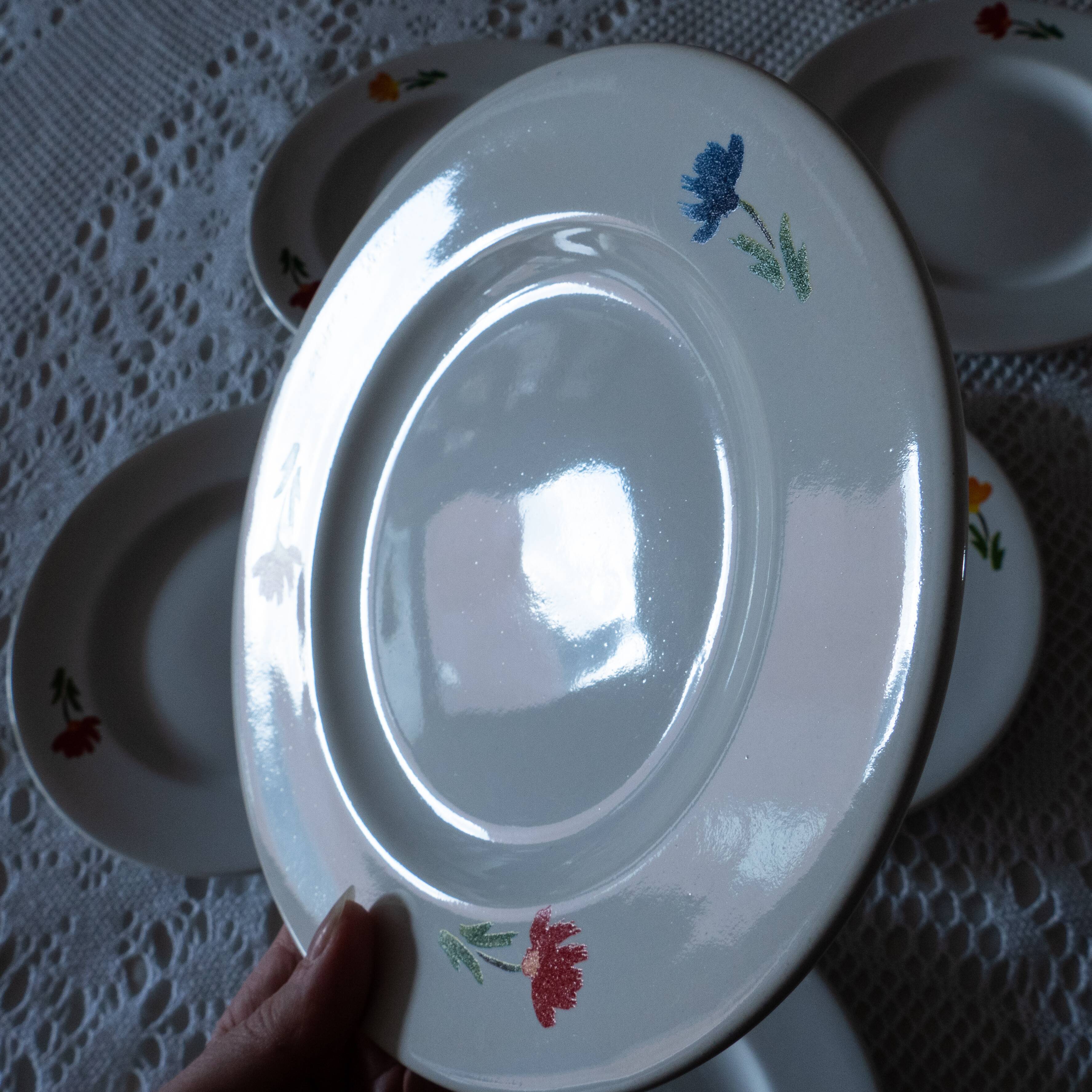 6 vintage tricolor flower plates