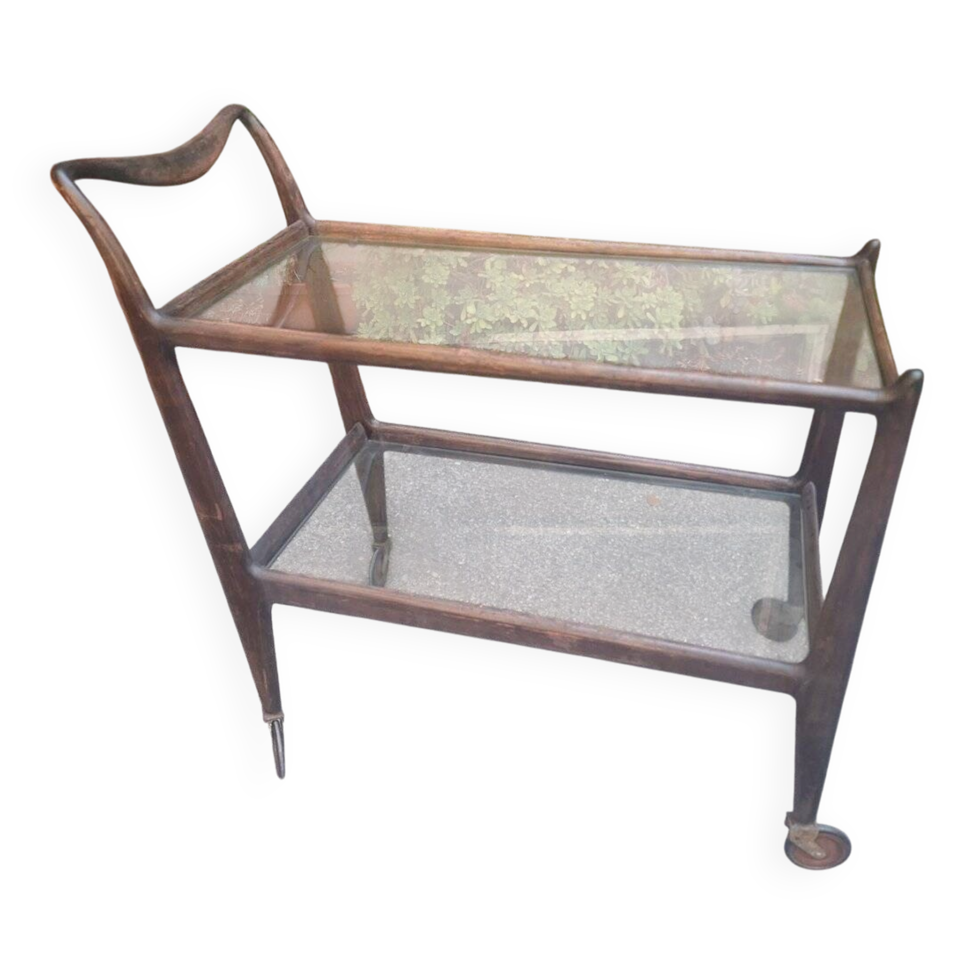 Wooden Trolley with Glass Shelves and Wheels from de Baggis, 1950s