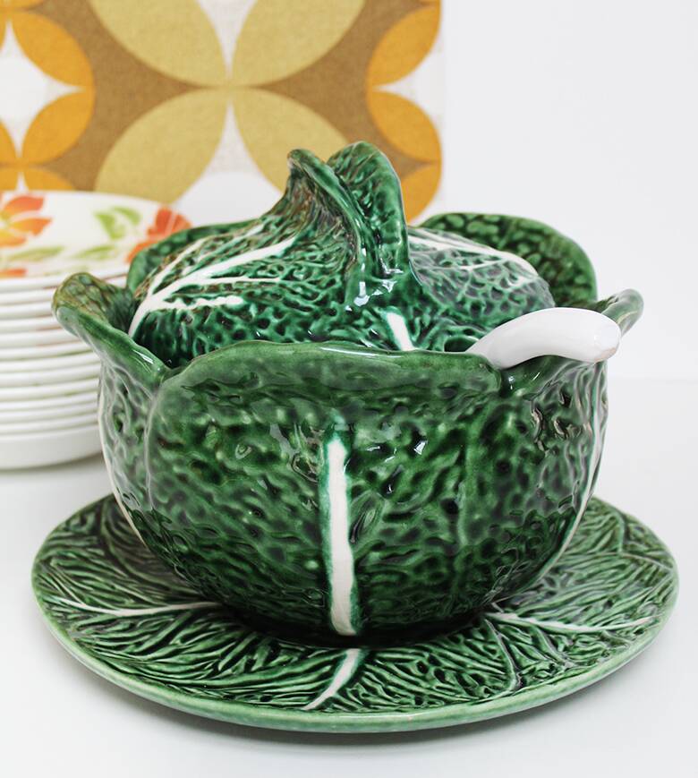 Soup tureen and green cabbage plate