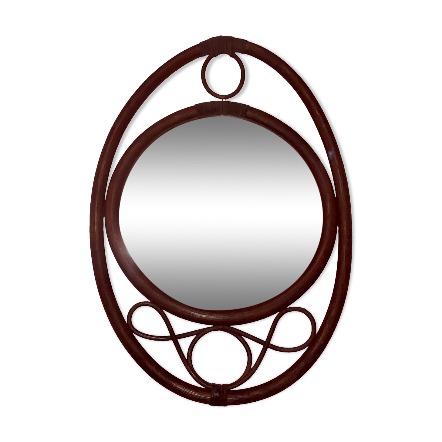 Oval rattan mirror in brown vintage, 72x49 cm