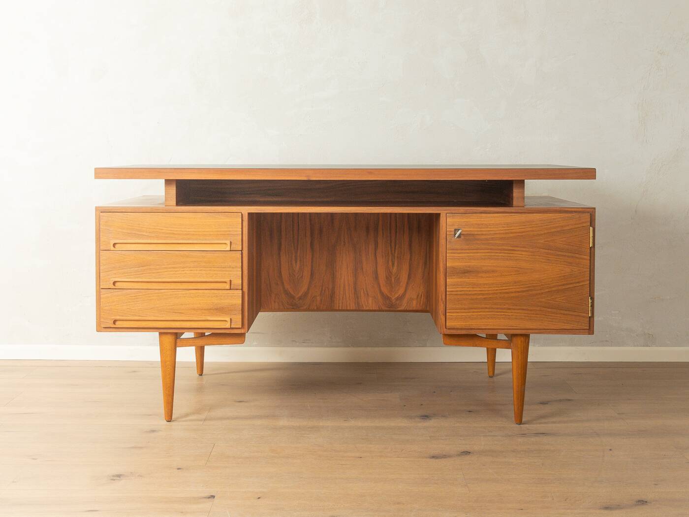 1960s walnut veneer desk with drawers and cabinet