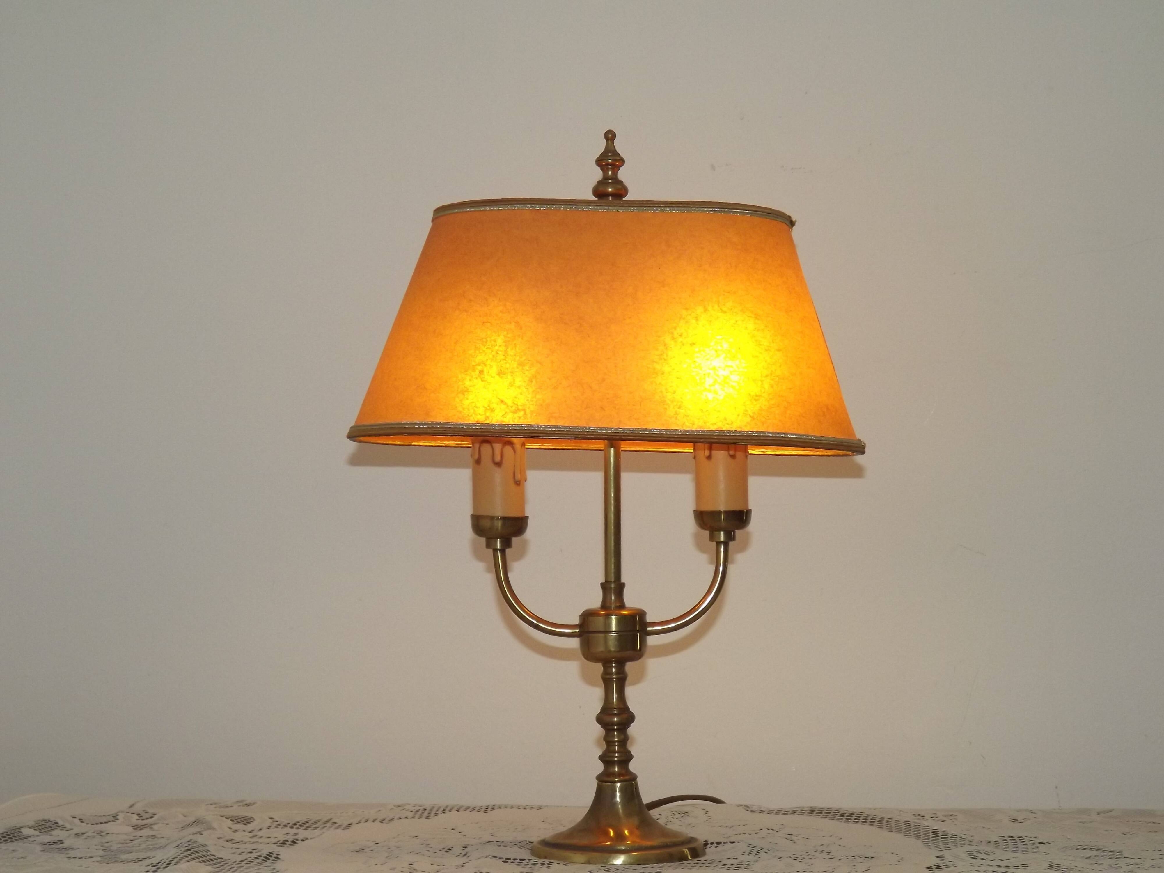 French Mid Century Brass Boulotte 2 Light Table Lamp Brown Shade
