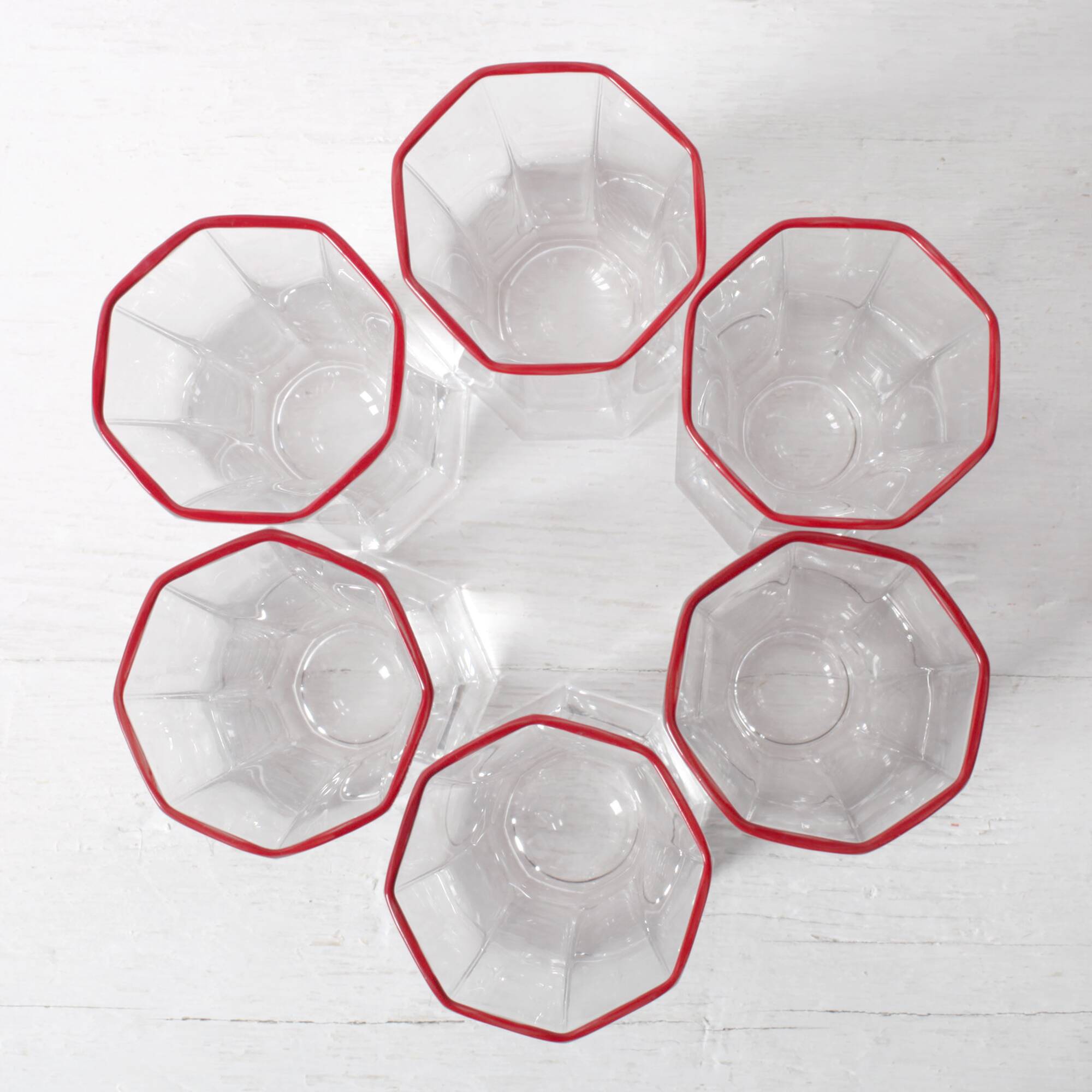 Set of 6 Mid-century Clear Crystal Glasses with Red Rim / Italy / 1980s