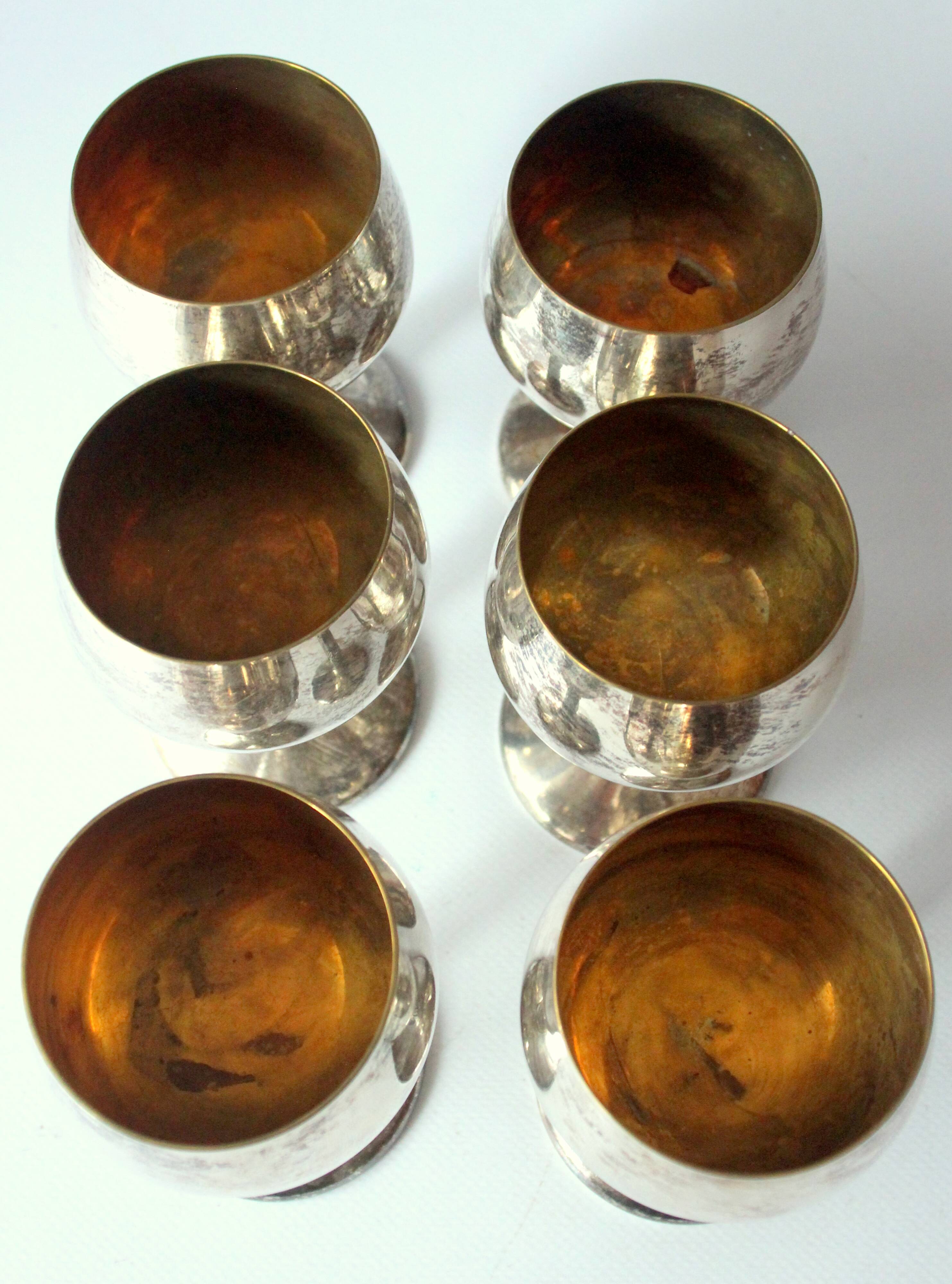 6 Art Deco wine or sherry glasses made of electro silver plated brass