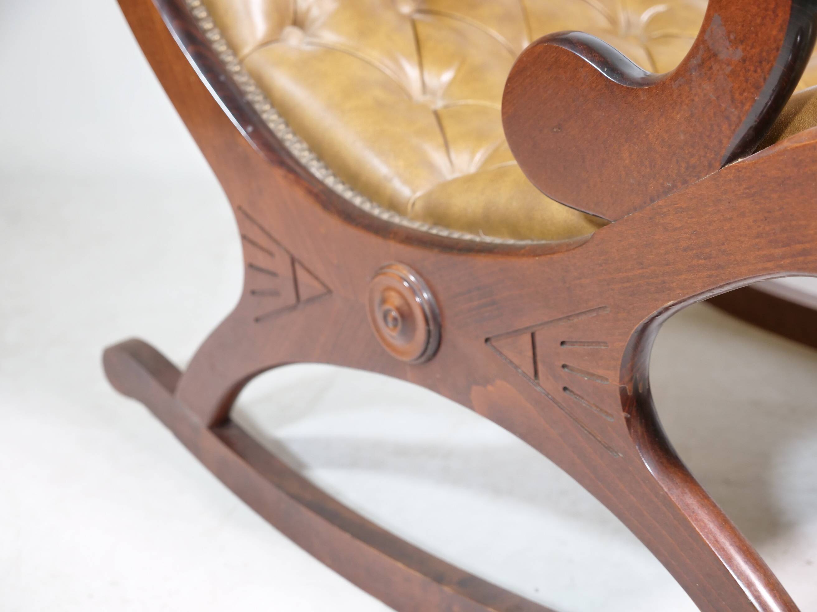 Vintage Chesterfield Design Leather Rocking Chair in Wood, 1920s