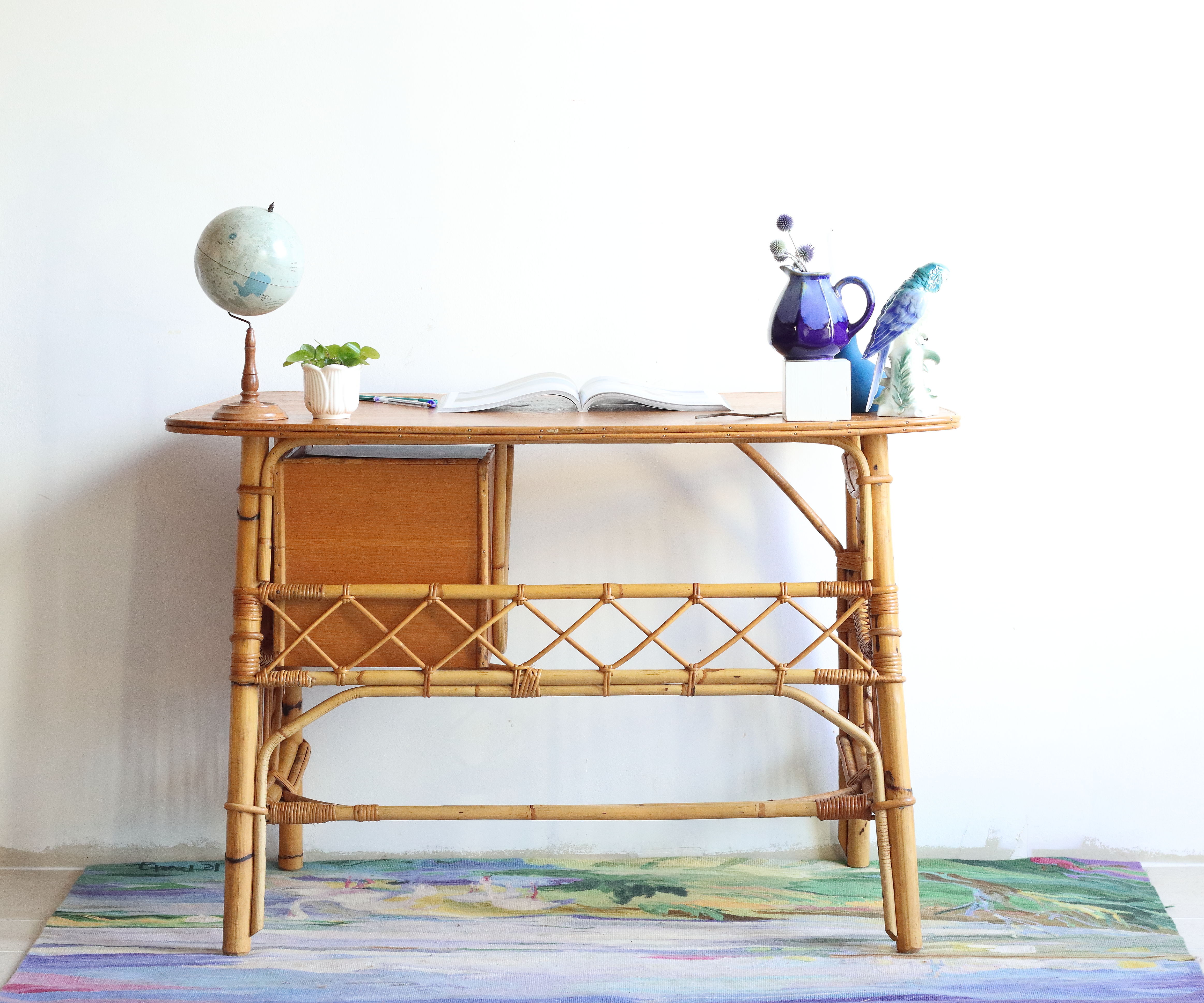 Bean desk two rattan drawers and oak veneer
