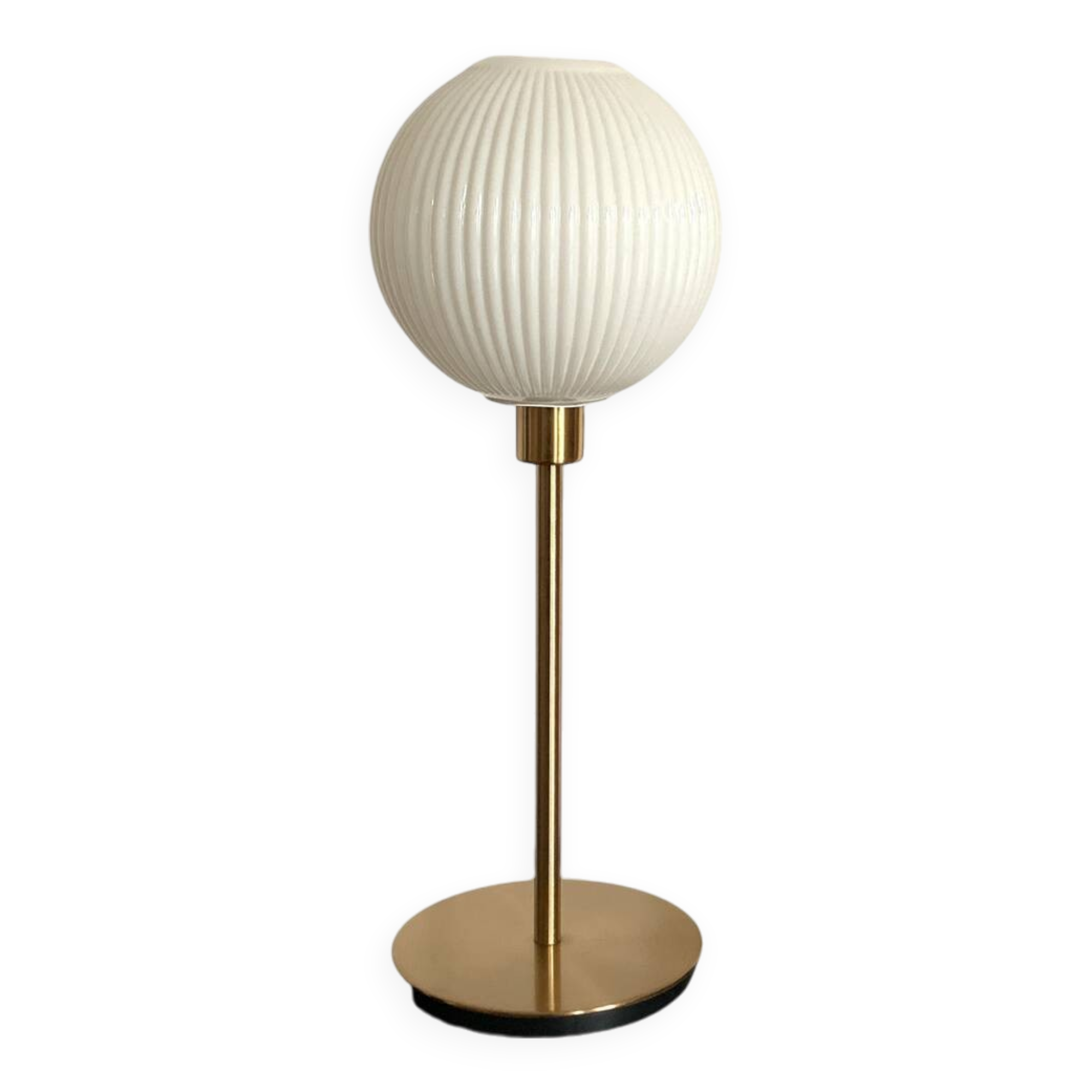 Table lamp with a lampshade from an old vintage pendant light in ribbed white glass and a pi
