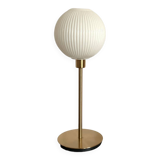 Table lamp with a lampshade from an old vintage pendant light in ribbed white glass and a pi