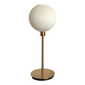 Table lamp with a lampshade from an old vintage pendant light in ribbed white glass and a pi