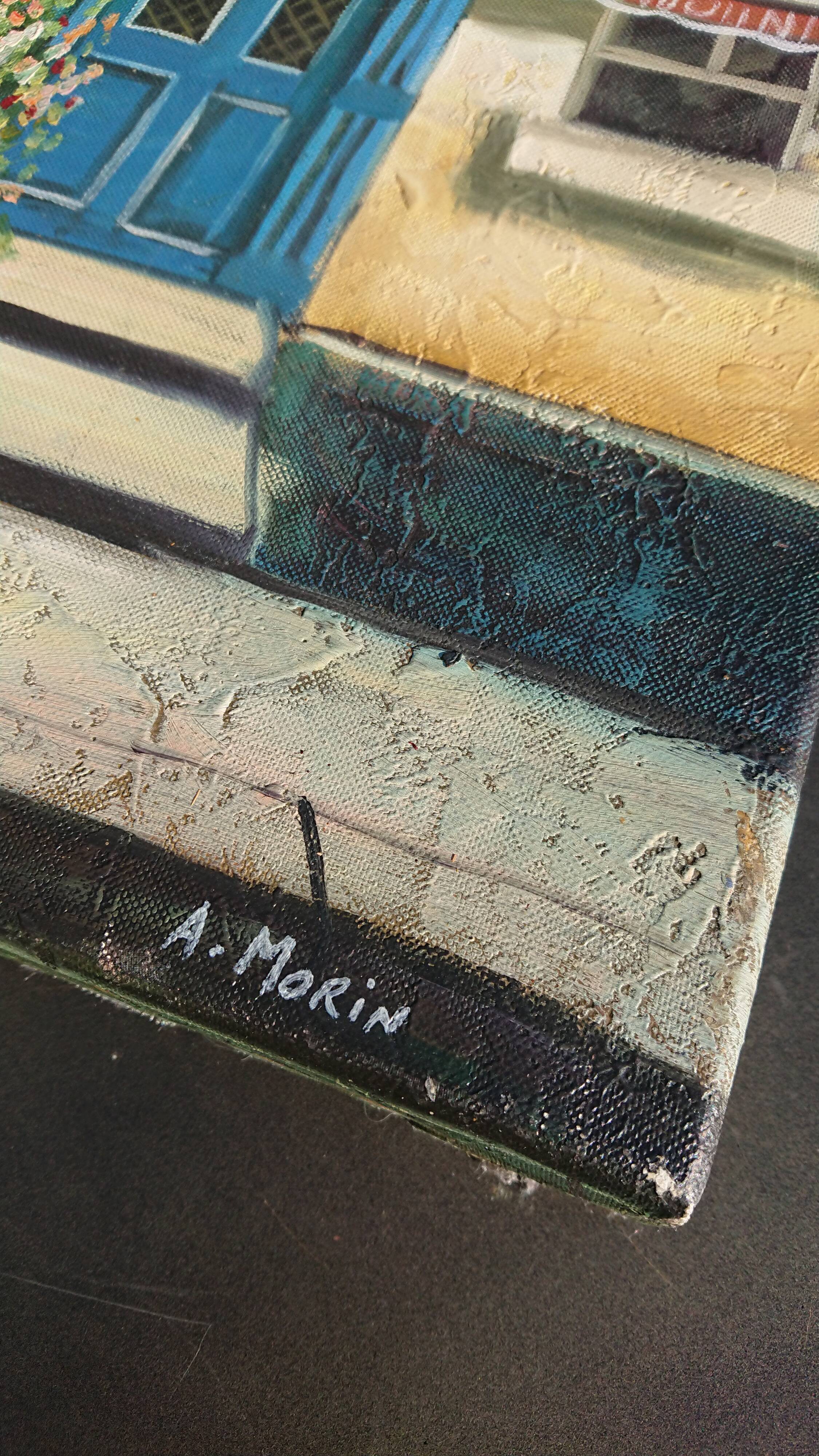 Oil on canvas restaurant storefront, signed À Morin
