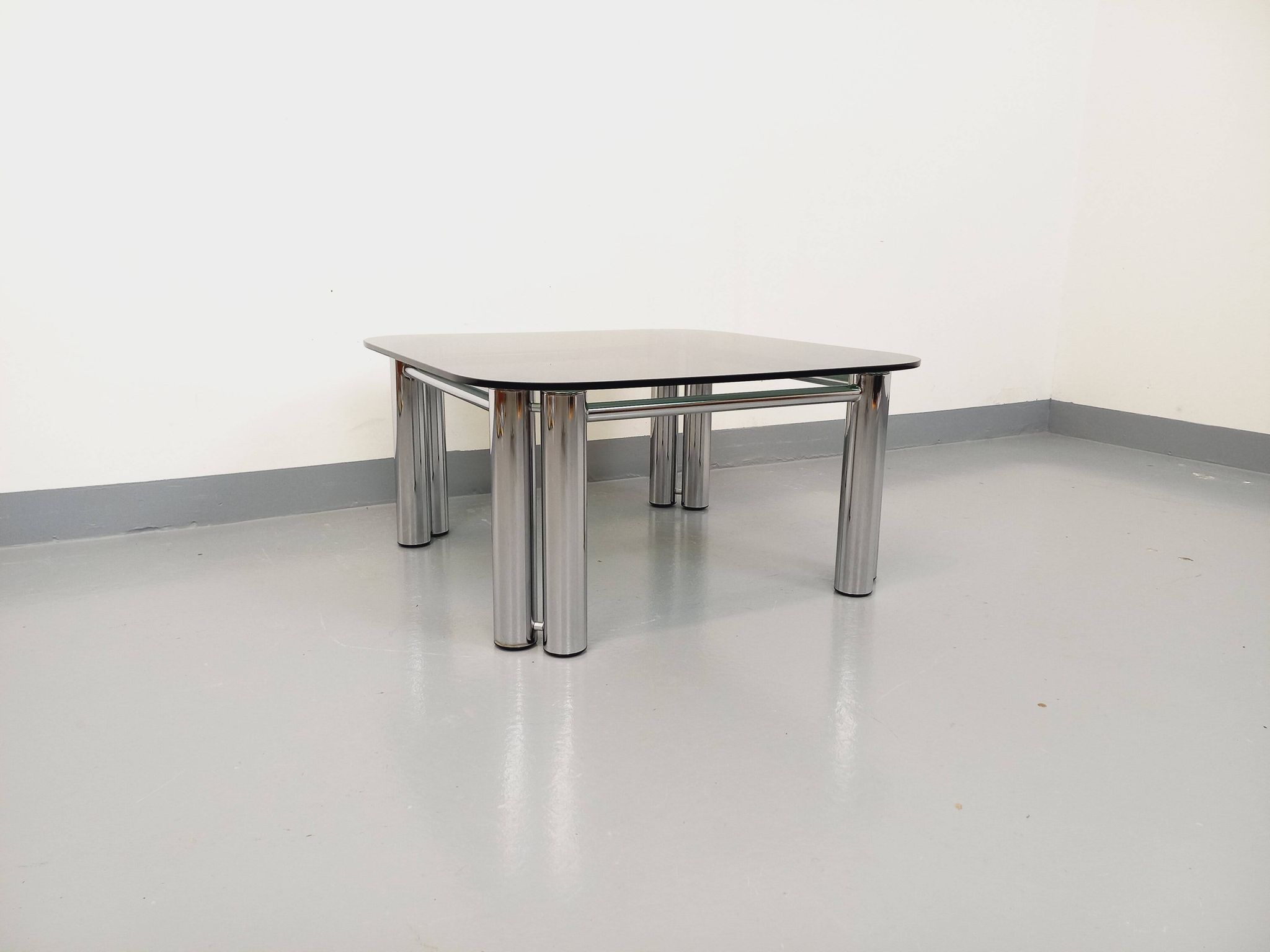 Vintage Italian Space Age square coffee table in smoked glass and chrome metal