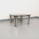 Vintage Italian Space Age square coffee table in smoked glass and chrome metal