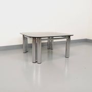 Vintage Italian Space Age square coffee table in smoked glass and chrome metal