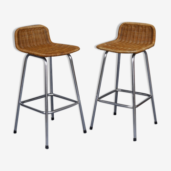 Chromed Steel and Rattan Bar Stools from Rohé Noordwolde, 1960s, Set of 2