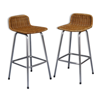 Chromed Steel and Rattan Bar Stools from Rohé Noordwolde, 1960s, Set of 2