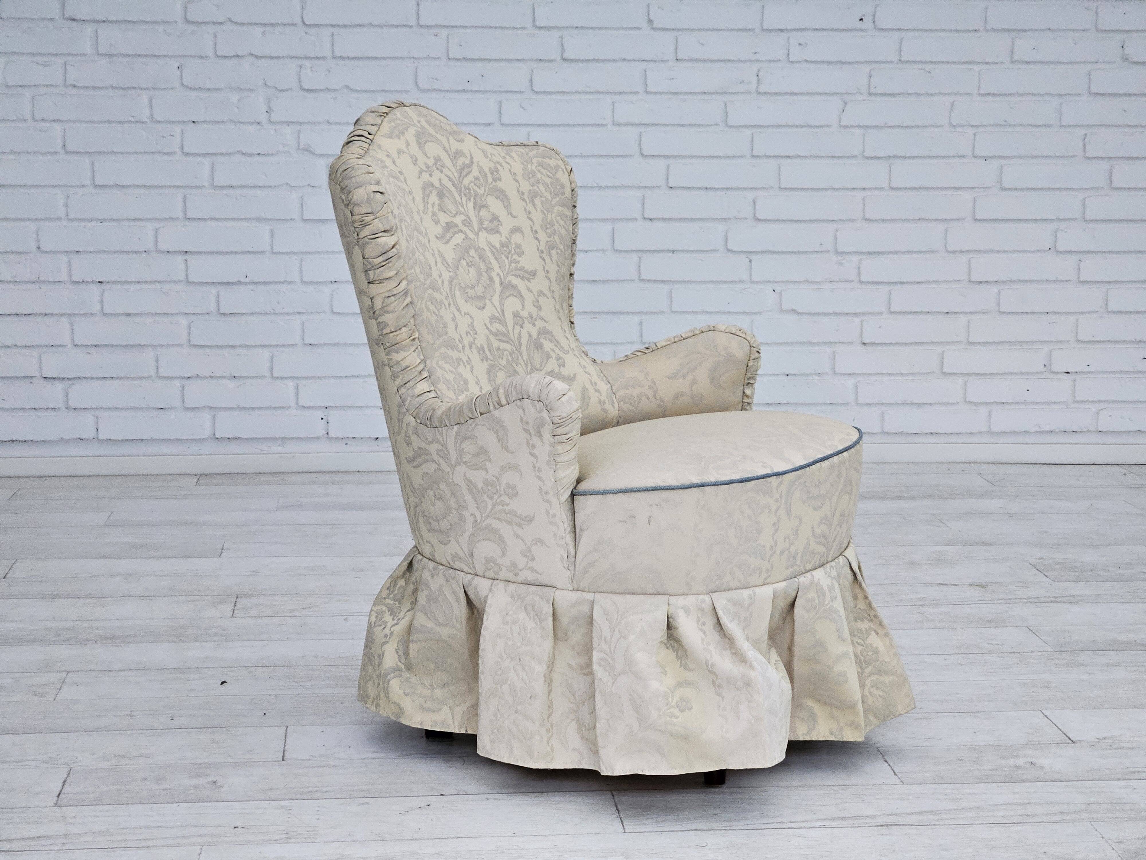 1950s, Danish armchair, reupholstered, creamy/white floral fabric.