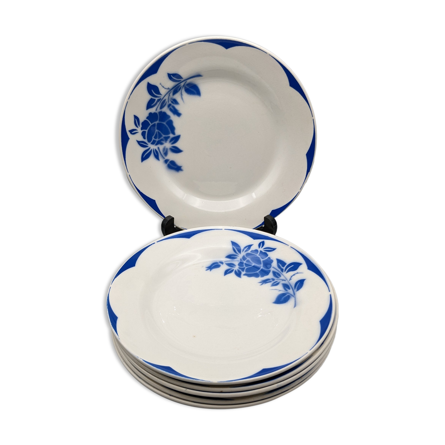 Series of 6 vintage art deco plates Digoin Sarreguemines Corsica blue flowers