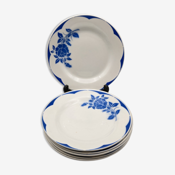 Série de 6 assiettes vintage art deco Digoin Sarreguemines Corsica fleurs bleues