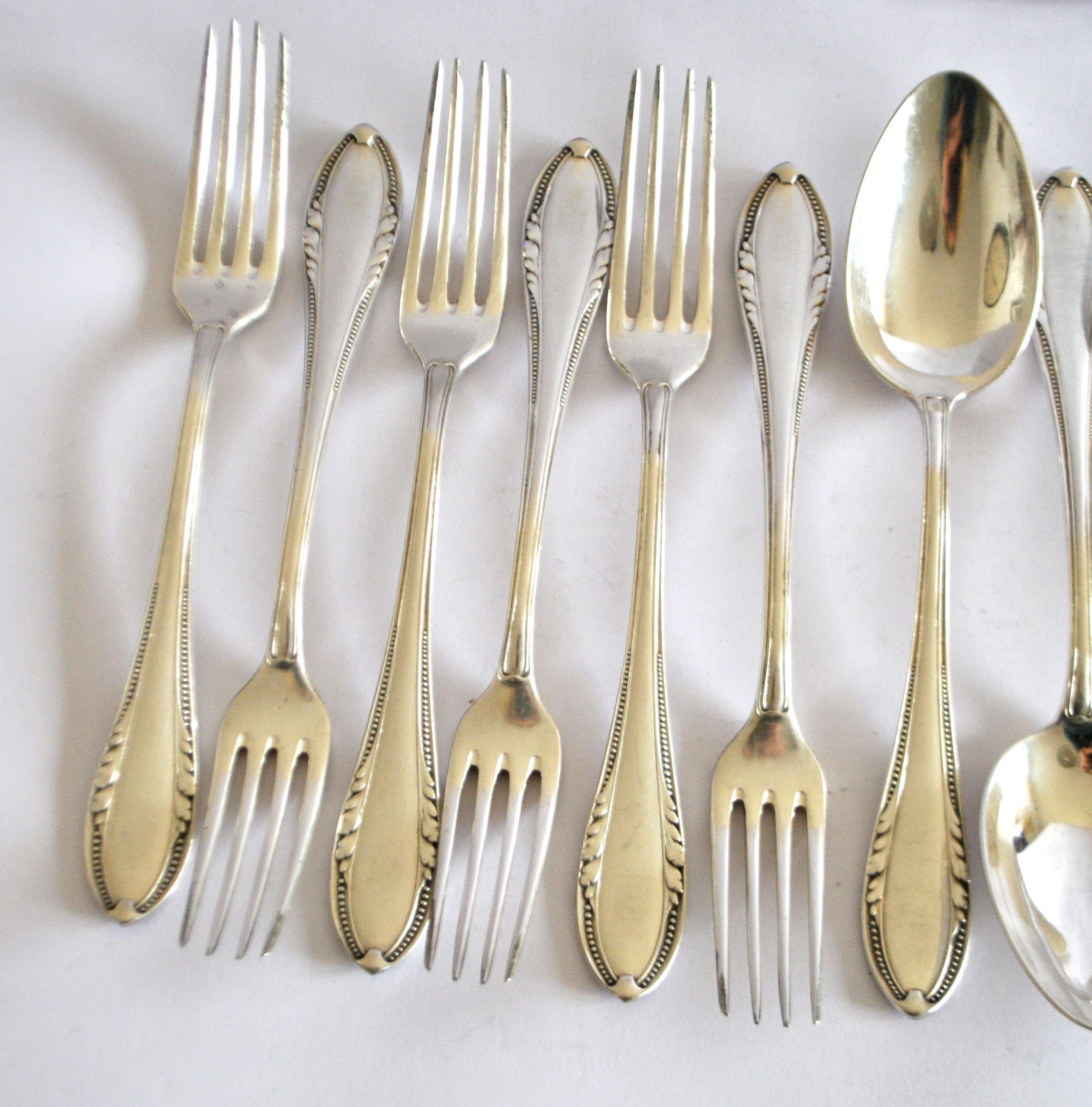 Table cover pearl 6 forks + 6 silver-plated metal spoons German Wellner Silber 21cm