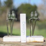 Vintage bookends, bronze parrot green patina onyx base, animals