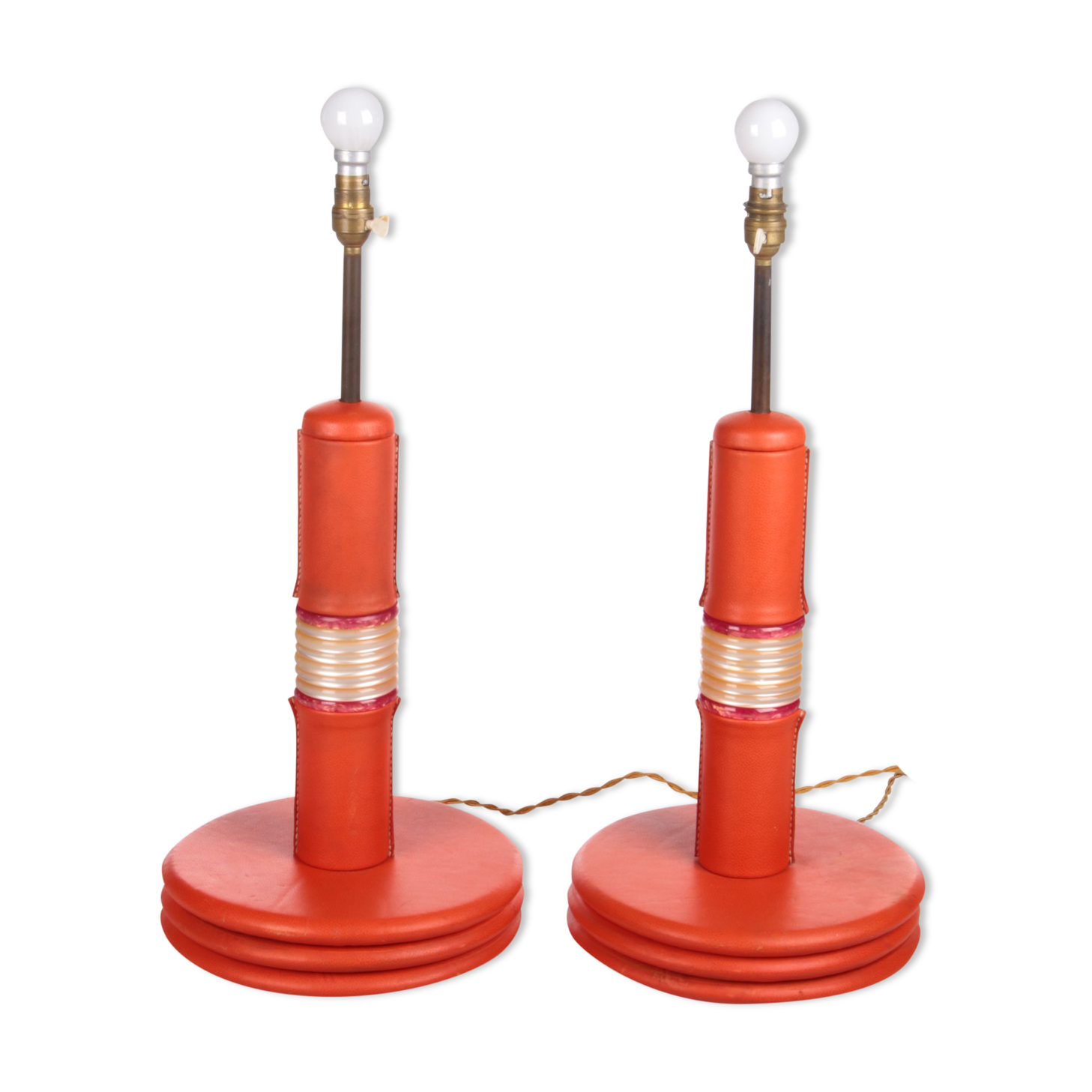 Ensemble de lampes de table rembourrées en cuir orange français années 1960
