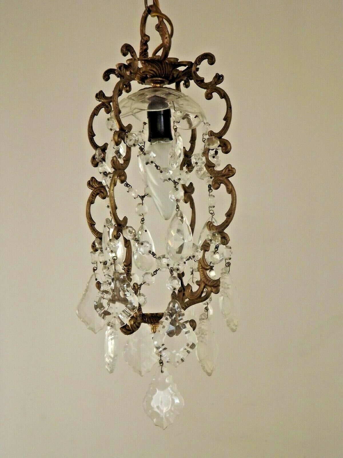 French antique small brass crystal & glass single light cage chandelier 3277