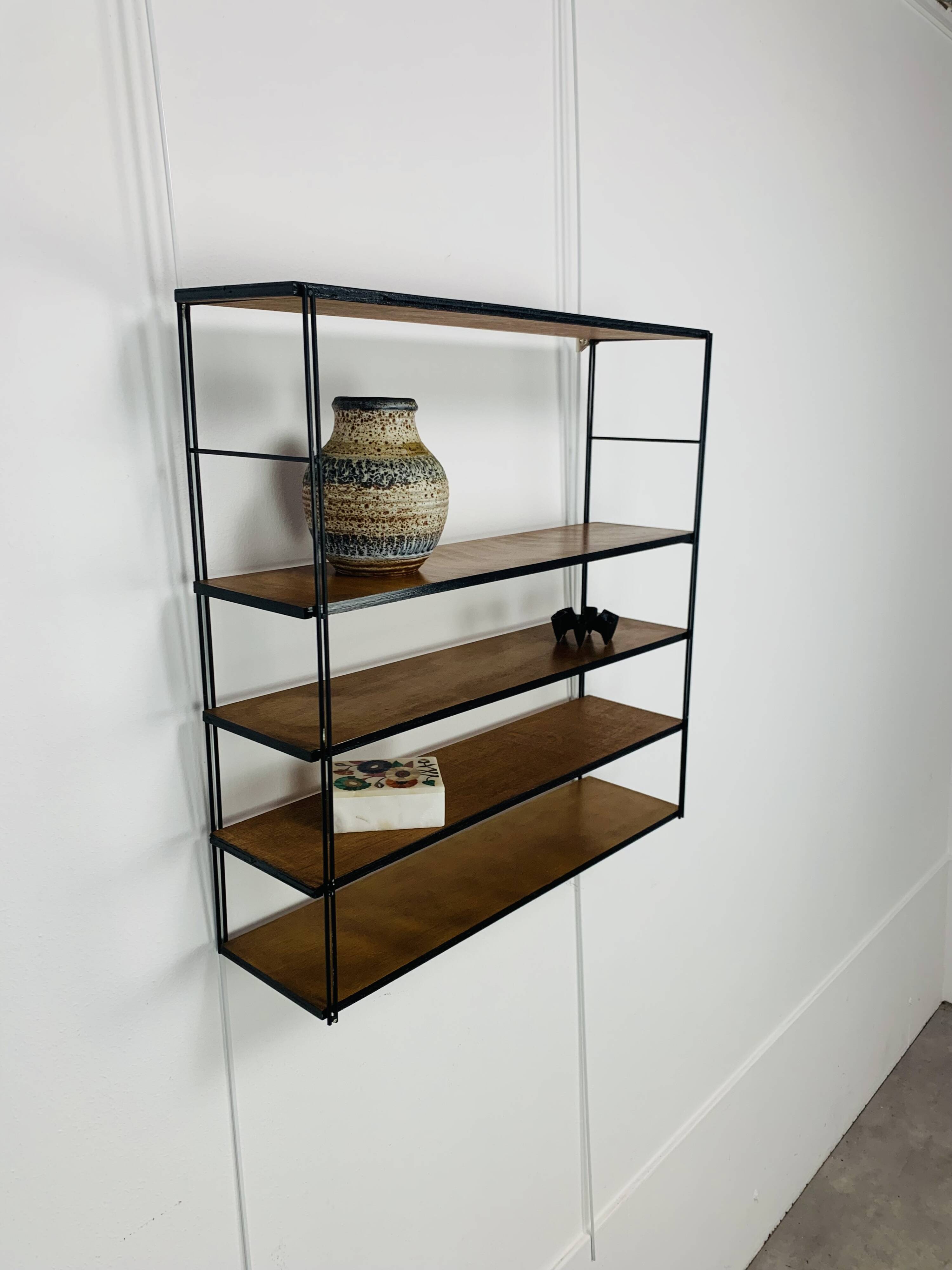 60s wall-mounted string shelf, wood and metal