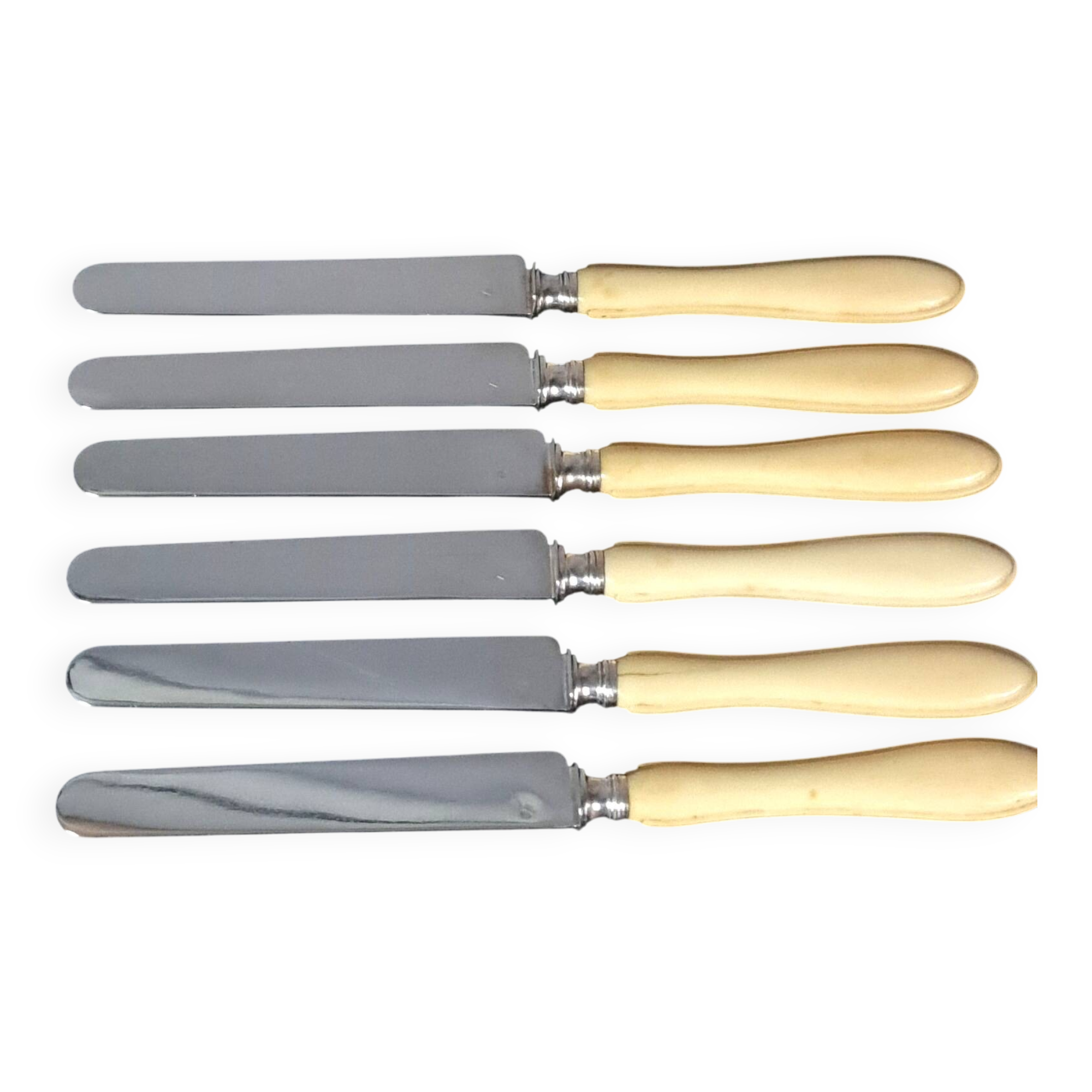 6 old silver blade knives, Hénin Cie hallmark + Minerva + case C651